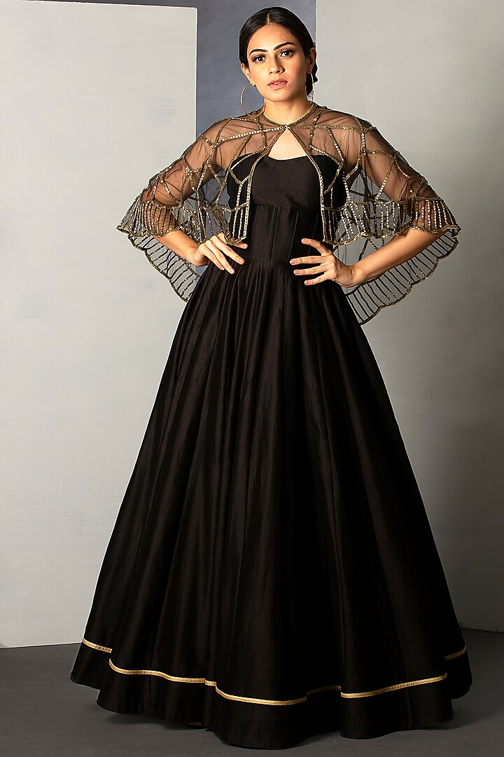 Jet Black Embroidered Cape Gown by Siyaahi by Poonam & Rohit