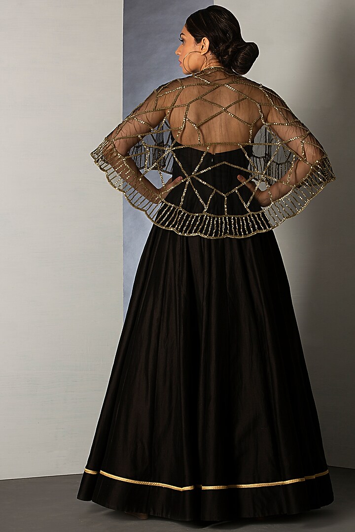 Jet Black Embroidered Cape Gown by Siyaahi by Poonam & Rohit at Pernia's Pop Up Shop