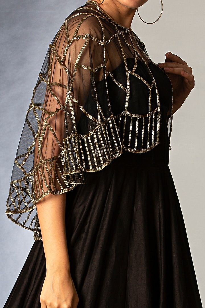 Jet Black Embroidered Cape Gown by Siyaahi by Poonam & Rohit at Pernia's Pop Up Shop
