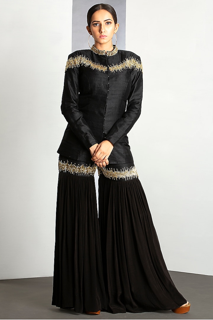 Jet Black Chanderi Silk Sharara Set by Siyaahi by Poonam & Rohit