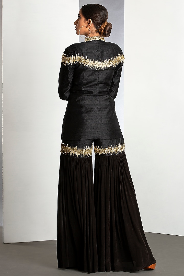 Jet Black Chanderi Silk Wedding Sharara Set by Siyaahi by Poonam & Rohit at Pernia's Pop Up Shop