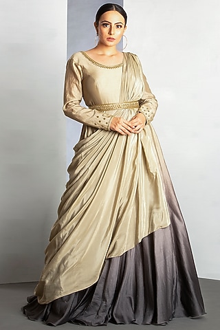 Oyster White & Charcoal Grey OmbreGown by Siyaahi by Poonam & Rohit