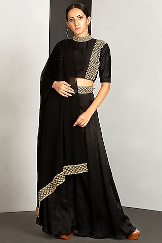 Jet Black Georgette Palazzo Pant Set by Siyaahi by Poonam & Rohit