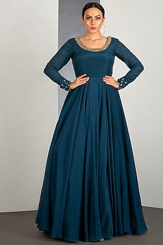 Ocean Blue Flared Gown With Pipework by Siyaahi by Poonam & Rohit