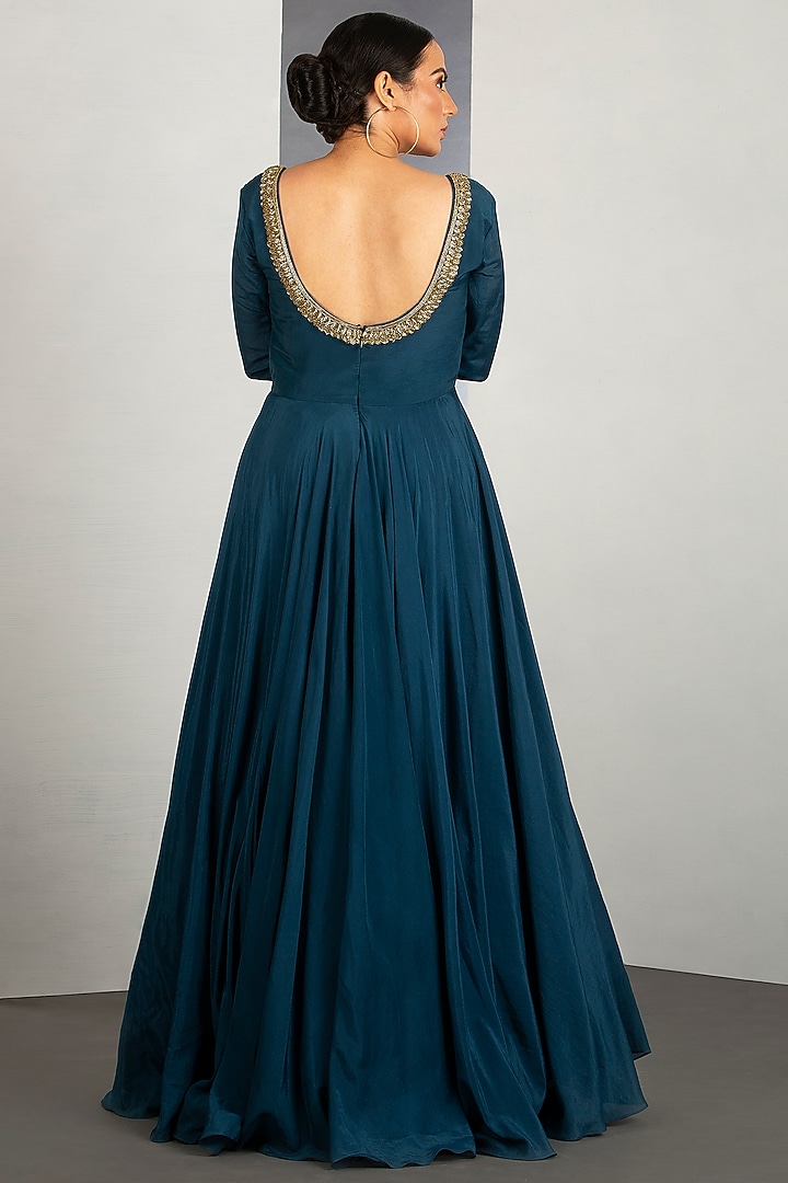 Ocean Blue Flared Gown With Pipework by Siyaahi by Poonam & Rohit at Pernia's Pop Up Shop