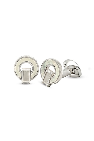 White Finish Mother Of Pearl Cuffs In Sterling Silver by Silberry Men