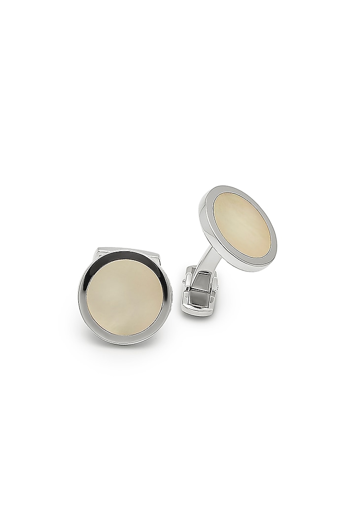 Rhodium Plated Pearl Cufflinks In Sterling Silver by Silberry Men