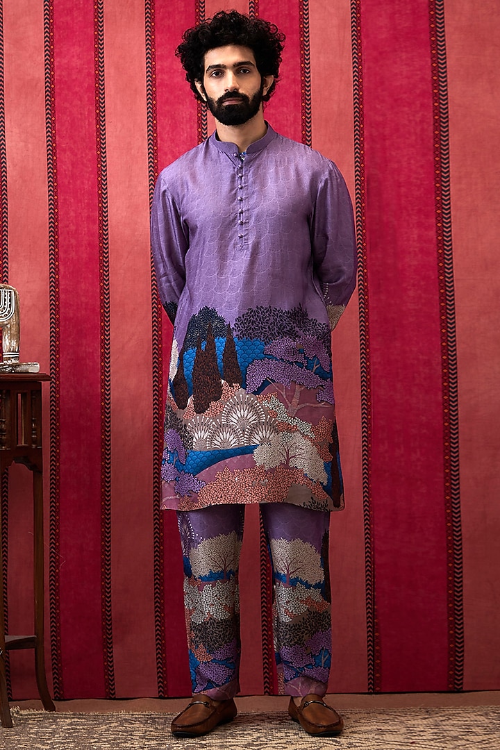 Purple Malaysian Silk Printed Kurta Set by Soup By Sougat Paul Men