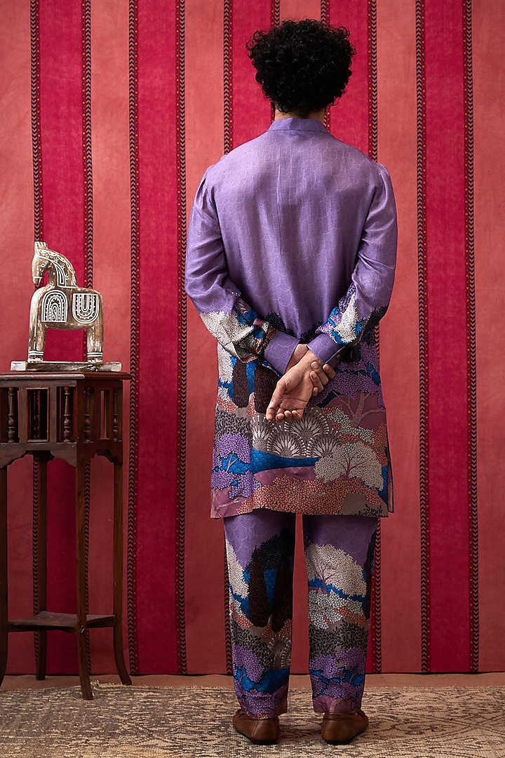 Purple Malaysian Silk Printed Kurta Set by Soup By Sougat Paul Men at Pernia's Pop Up Shop