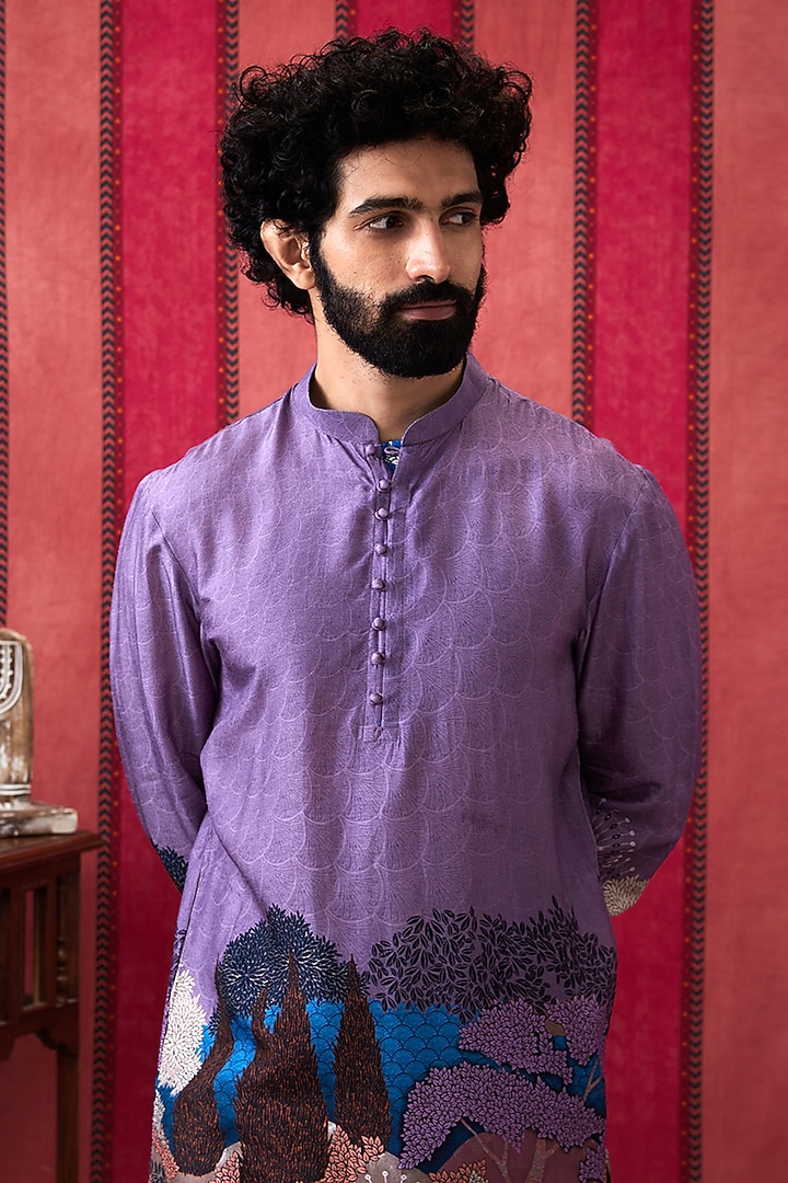 Purple Malaysian Silk Printed Kurta Set by Soup By Sougat Paul Men at Pernia's Pop Up Shop
