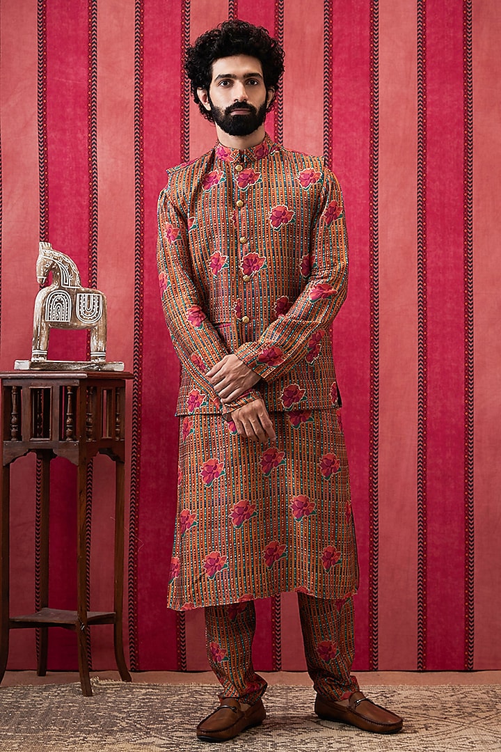 Multi-Colored Malaysian Silk Embroidered Bundi Jacket Set by Soup By Sougat Paul Men