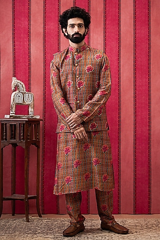 Multi-Colored Malaysian Silk Embroidered Bundi Jacket Set by Soup By Sougat Paul Men