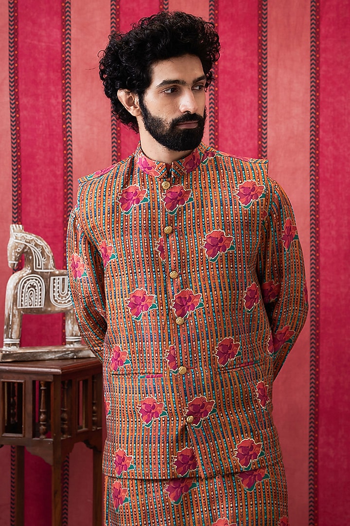 Multi-Colored Malaysian Silk Embroidered Bundi Jacket Set by Soup By Sougat Paul Men at Pernia's Pop Up Shop