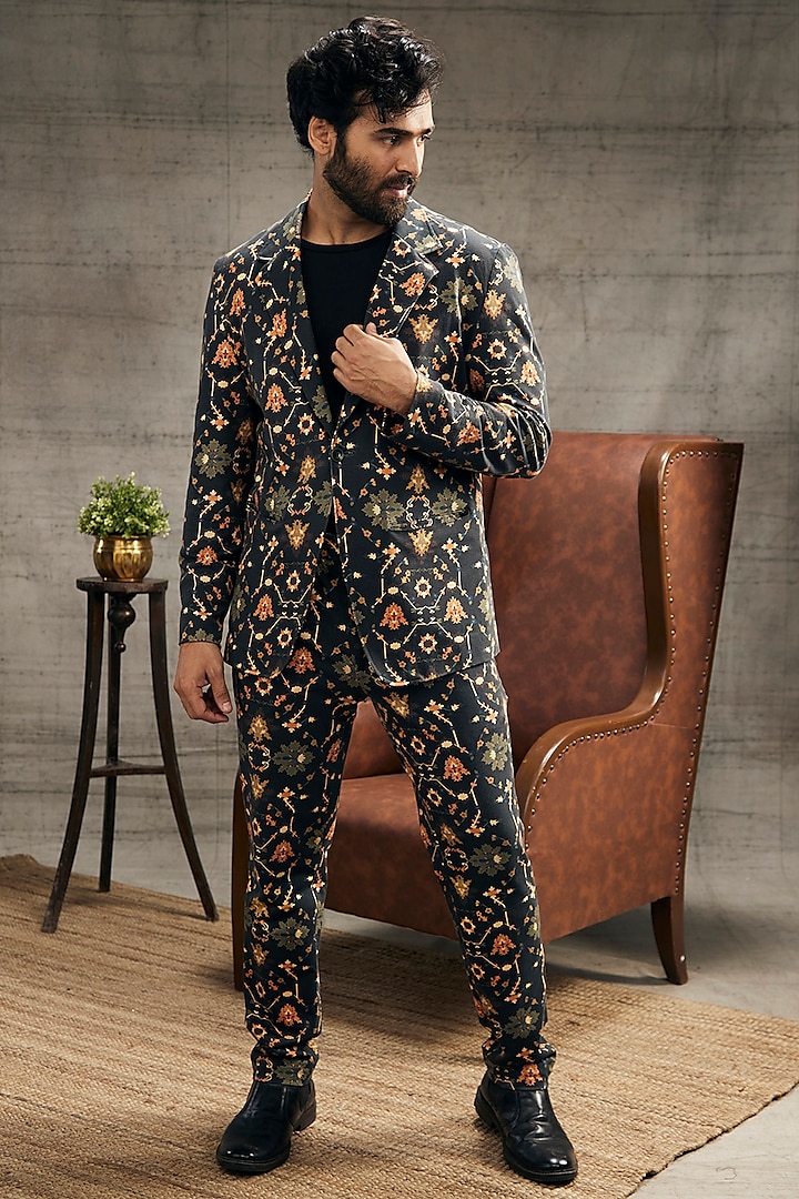Black Malaysian Silk Printed Blazer Set by Soup by Sougat Paul Men