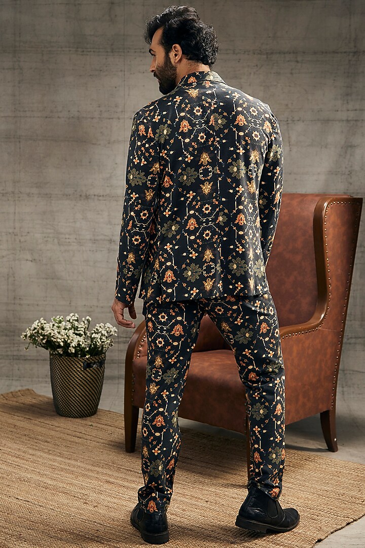 Black Malaysian Silk Printed Blazer Set by Soup by Sougat Paul Men at Pernia's Pop Up Shop