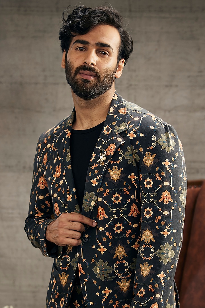 Black Malaysian Silk Printed Blazer Set by Soup by Sougat Paul Men at Pernia's Pop Up Shop