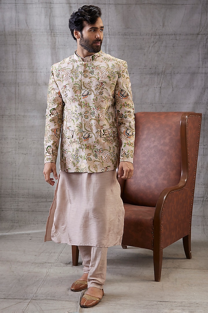 Beige Brocade & Malaysian Silk Printed Bandhgala Jacket Set by Soup by Sougat Paul Men
