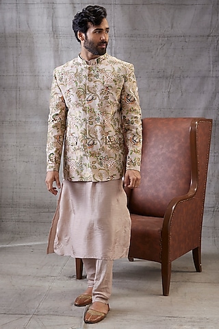 Beige Brocade & Malaysian Silk Printed Bandhgala Jacket Set by Soup by Sougat Paul Men