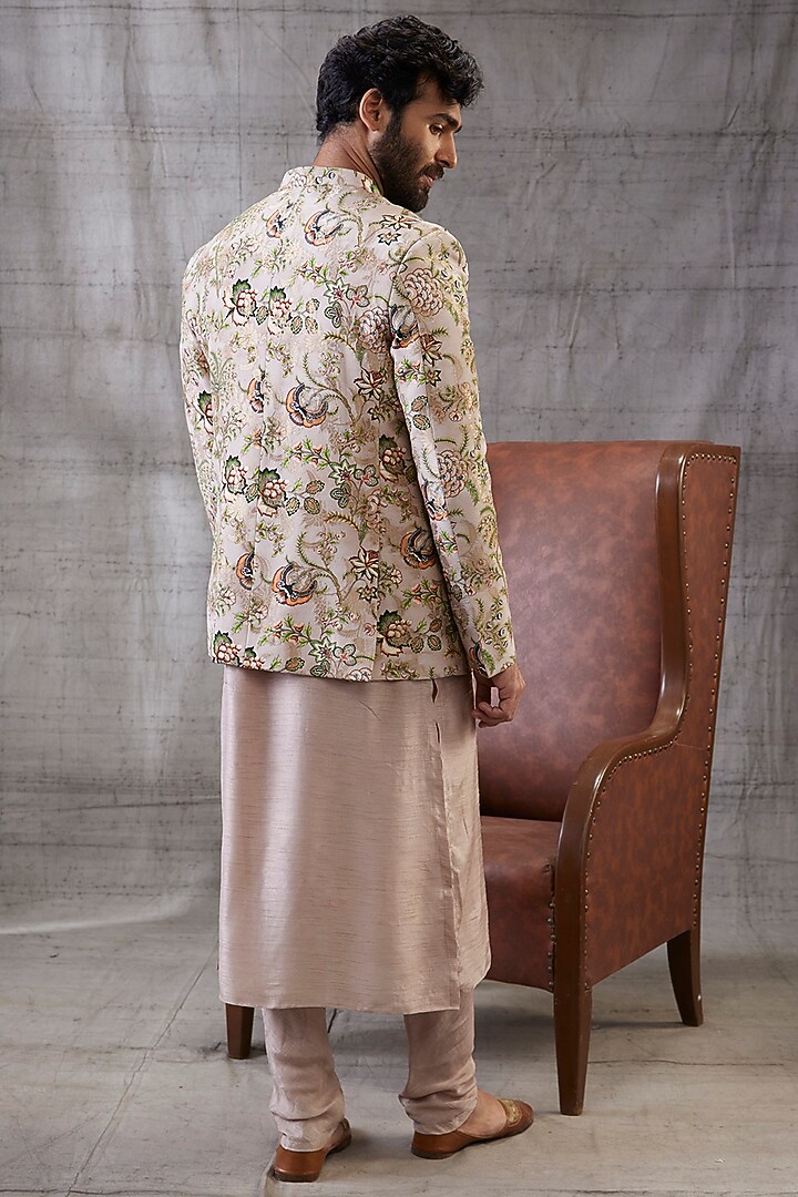 Beige Brocade & Malaysian Silk Printed Bandhgala Jacket Set by Soup by Sougat Paul Men at Pernia's Pop Up Shop