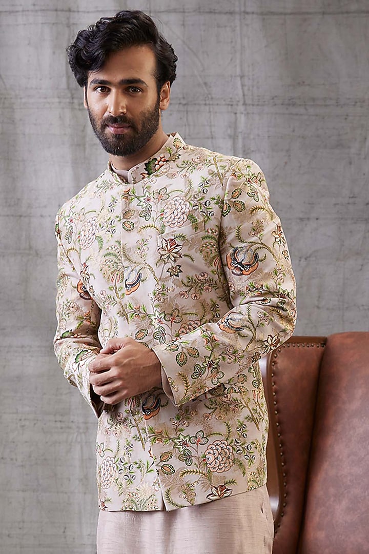 Beige Brocade & Malaysian Silk Printed Bandhgala Jacket Set by Soup by Sougat Paul Men at Pernia's Pop Up Shop