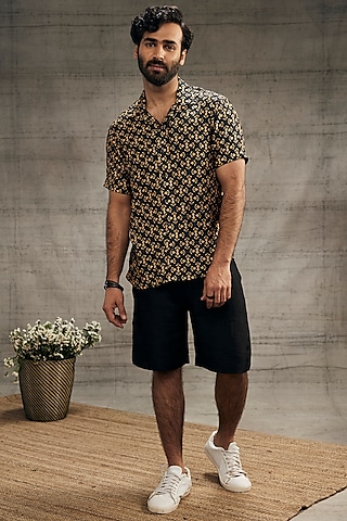 Black Malaysian Silk & Twill Printed Co-Ord Set by Soup by Sougat Paul Men