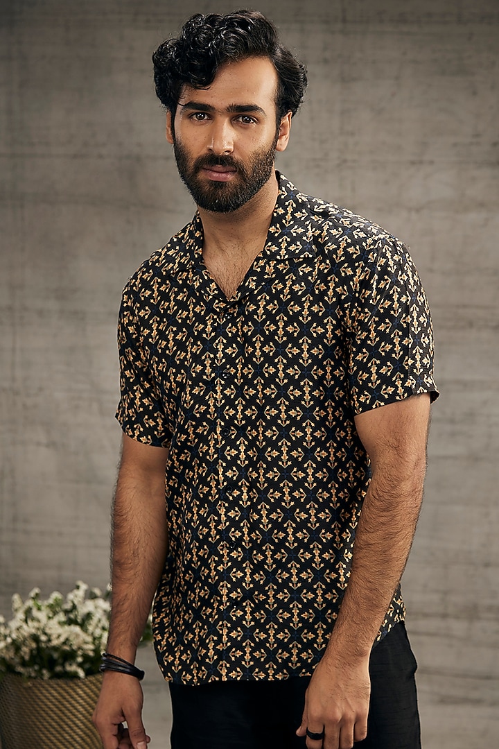 Black Malaysian Silk & Twill Printed Co-Ord Set by Soup by Sougat Paul Men at Pernia's Pop Up Shop