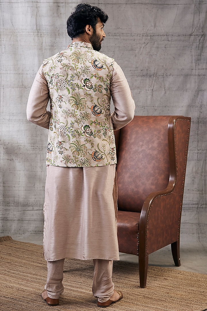 Beige Brocade & Malaysian Silk Printed Bundi Jacket Set by Soup by Sougat Paul Men at Pernia's Pop Up Shop