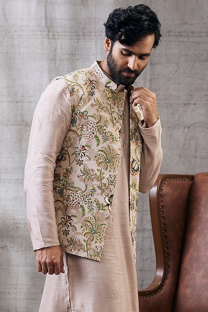 Beige Brocade & Malaysian Silk Printed Bundi Jacket Set by Soup by Sougat Paul Men at Pernia's Pop Up Shop