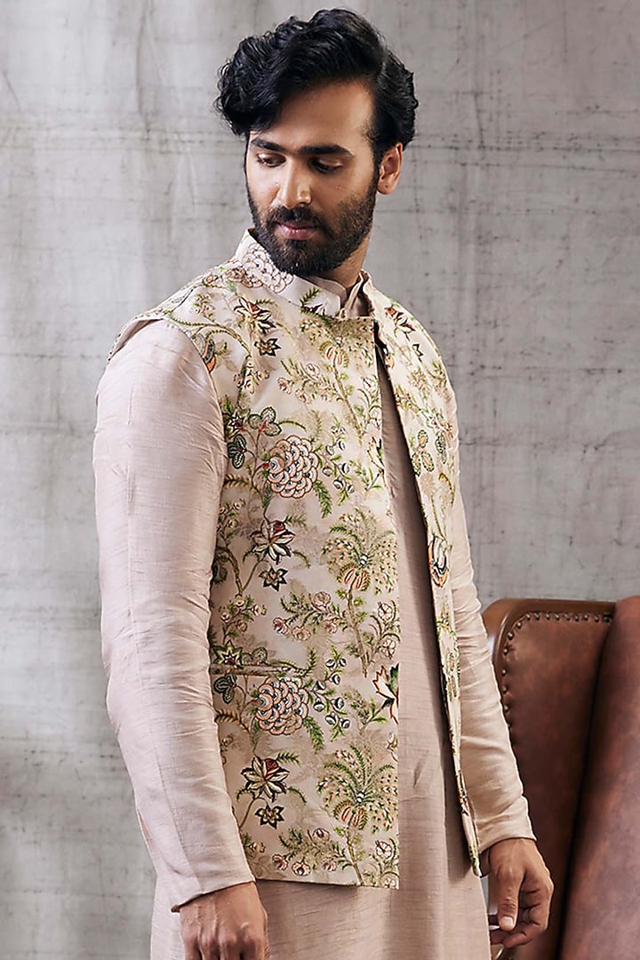 Beige Brocade & Malaysian Silk Printed Bundi Jacket Set by Soup by Sougat Paul Men at Pernia's Pop Up Shop
