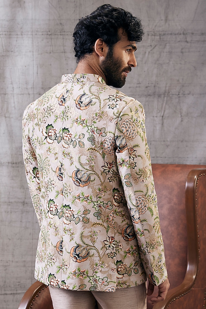 Beige Brocade & Malaysian Silk Printed Bandhgala Set by Soup by Sougat Paul Men at Pernia's Pop Up Shop