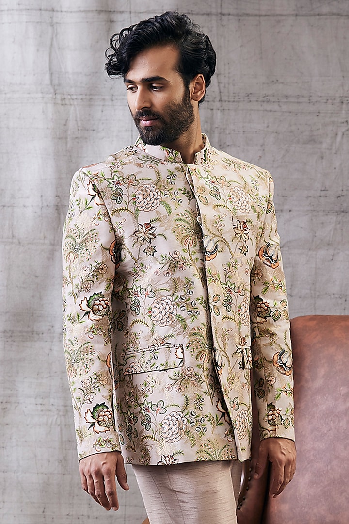 Beige Brocade & Malaysian Silk Printed Bandhgala Set by Soup by Sougat Paul Men at Pernia's Pop Up Shop