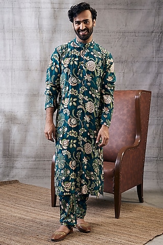 Green Muslin Slub Printed Kurta Set by Soup by Sougat Paul Men