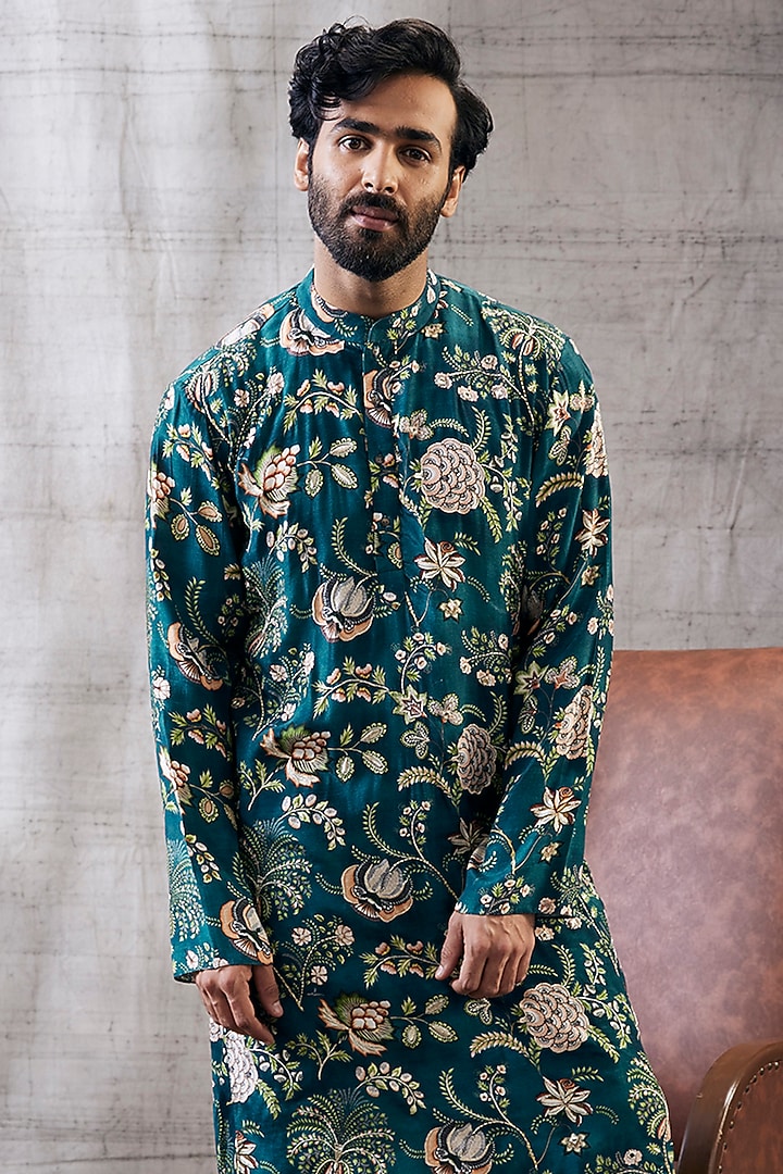 Green Muslin Slub Printed Kurta Set by Soup by Sougat Paul Men at Pernia's Pop Up Shop
