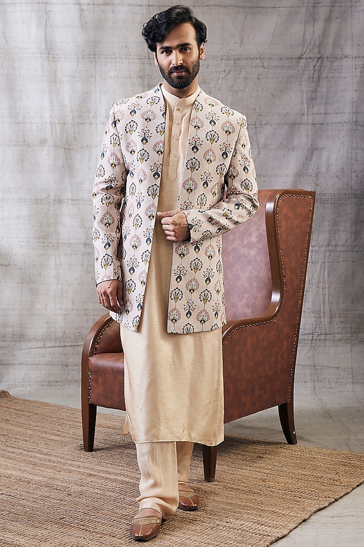 Beige Muslin Slub Printed Jacket Kurta Set by Soup by Sougat Paul Men