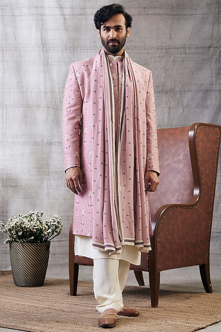 Pink Malaysian Silk & Cotton Silk Printed Sherwani Set by Soup by Sougat Paul Men