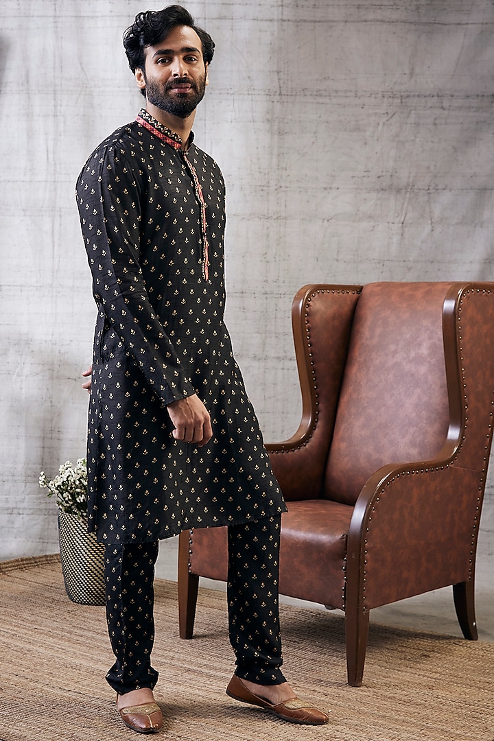 Black Malaysian Silk Printed Kurta Set by Soup by Sougat Paul Men