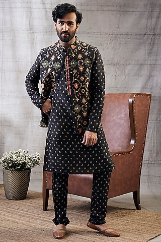 Black Malaysian Silk Printed Bundi Jacket Set by Soup by Sougat Paul Men