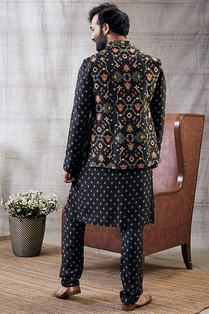 Black Malaysian Silk Printed Bundi Jacket Set by Soup by Sougat Paul Men at Pernia's Pop Up Shop