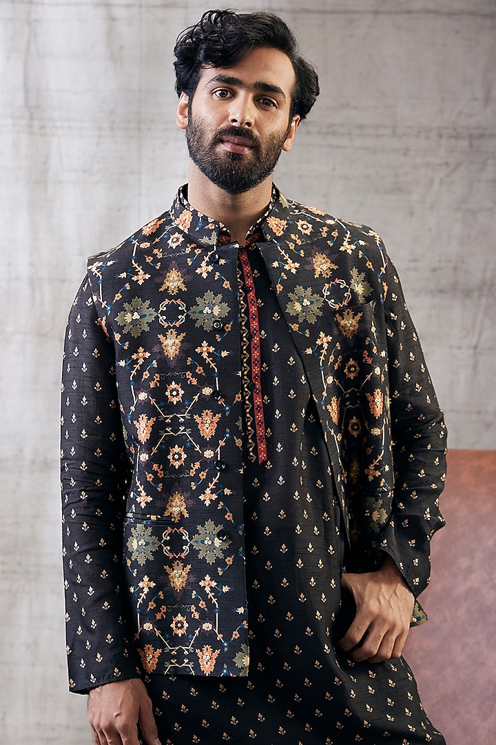Black Malaysian Silk Printed Bundi Jacket Set by Soup by Sougat Paul Men at Pernia's Pop Up Shop