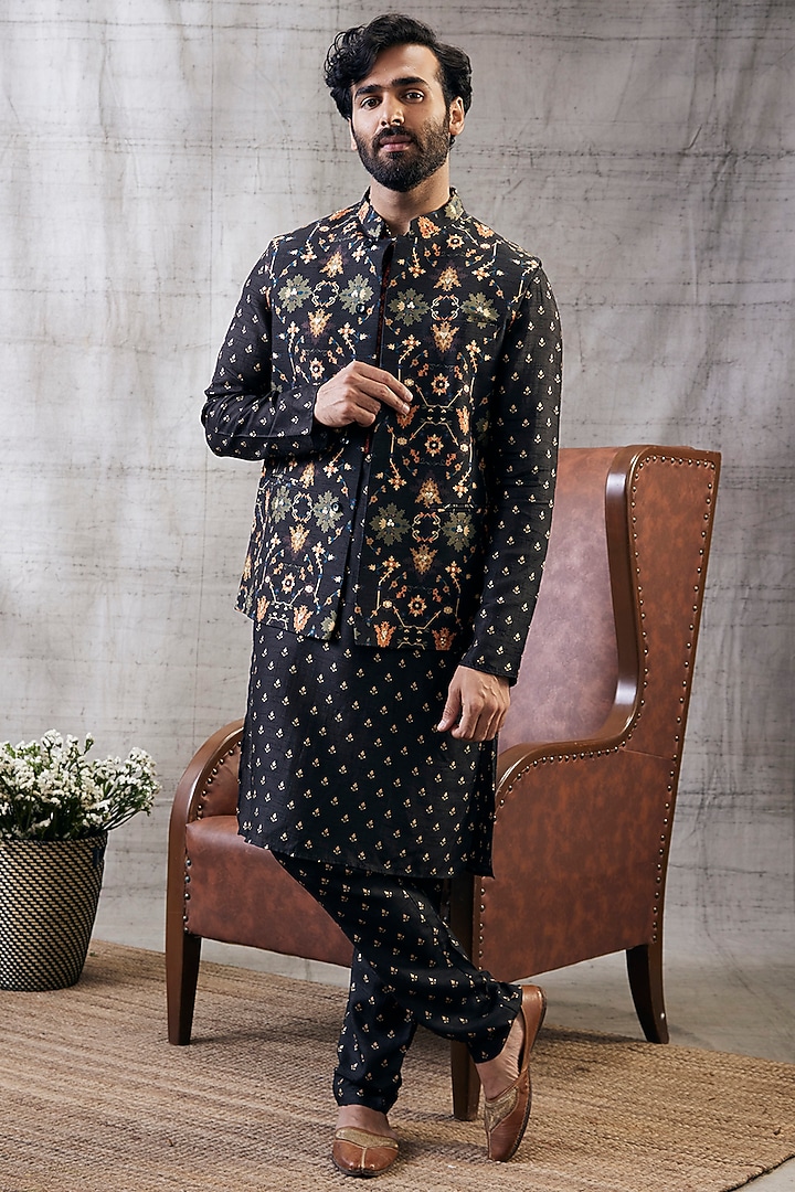 Black Malaysian Silk Printed Bundi Jacket Set by Soup by Sougat Paul Men at Pernia's Pop Up Shop