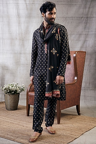 Black Malaysian Silk Printed Kurta Set by Soup by Sougat Paul Men