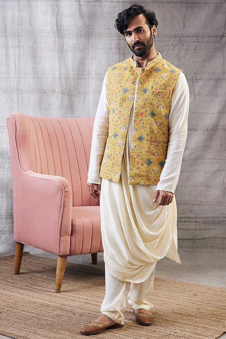 Yellow Malaysian Silk & Sequins Indowestern Set by Soup by Sougat Paul Men