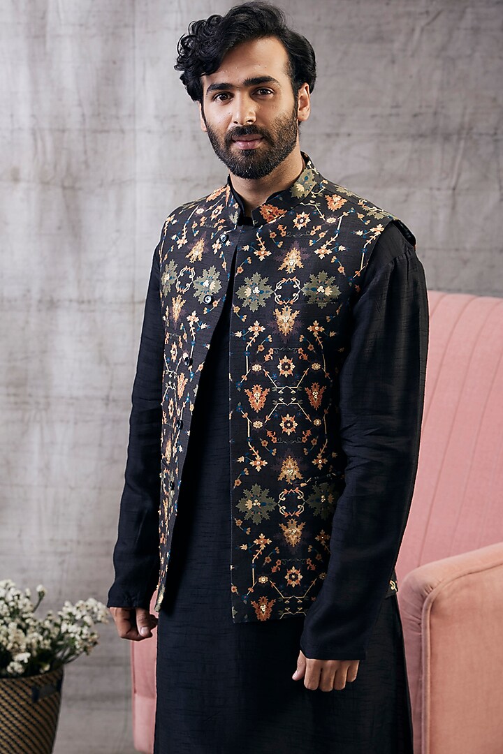 Black Malaysian Silk Printed Indowestern Set by Soup by Sougat Paul Men at Pernia's Pop Up Shop