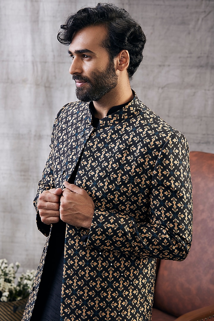 Black Malaysian Silk Printed Long Jacket Kurta Set by Soup by Sougat Paul Men at Pernia's Pop Up Shop