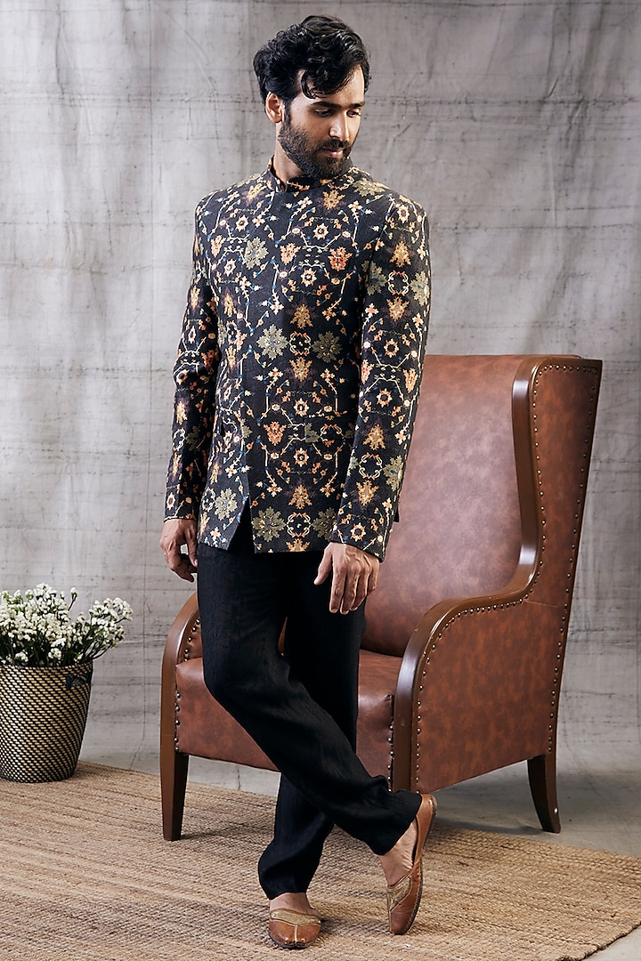 Black Muslin Slub Printed Bandhgala Set by Soup by Sougat Paul Men