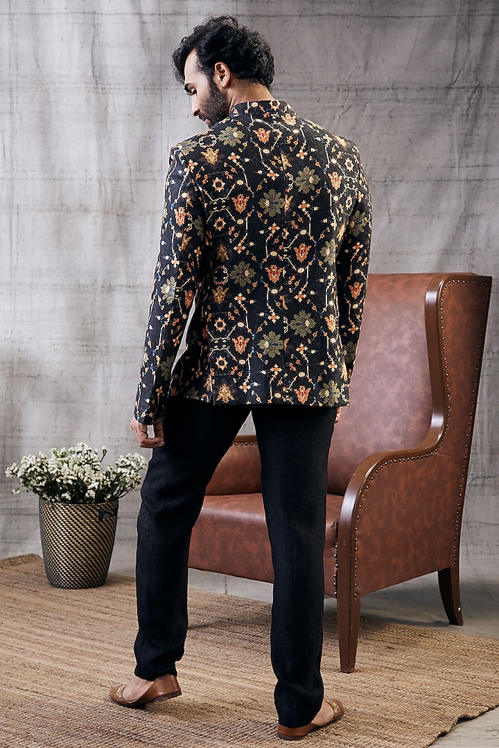 Black Muslin Slub Printed Bandhgala Set by Soup by Sougat Paul Men at Pernia's Pop Up Shop