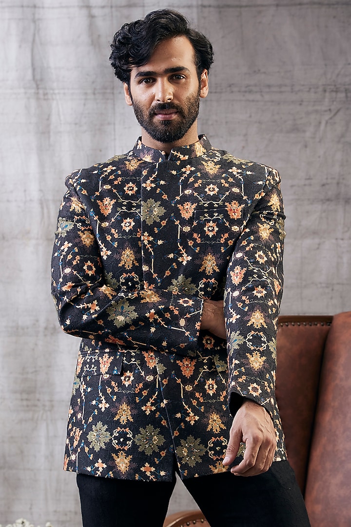 Black Muslin Slub Printed Bandhgala Set by Soup by Sougat Paul Men at Pernia's Pop Up Shop