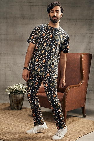 Black Knit Printed Co-Ord Set by Soup by Sougat Paul Men