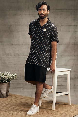Black Twill Printed Co-Ord Set by Soup by Sougat Paul Men