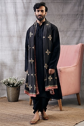 Black Muslin Slub Dhoti Set by Soup by Sougat Paul Men